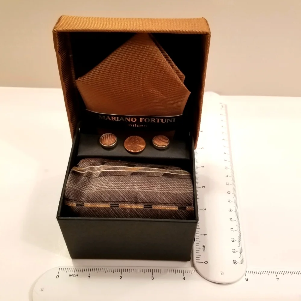 ✅Mariano Fortuni Milano Silk Pocket Square, Cuff Links, Tie, Box